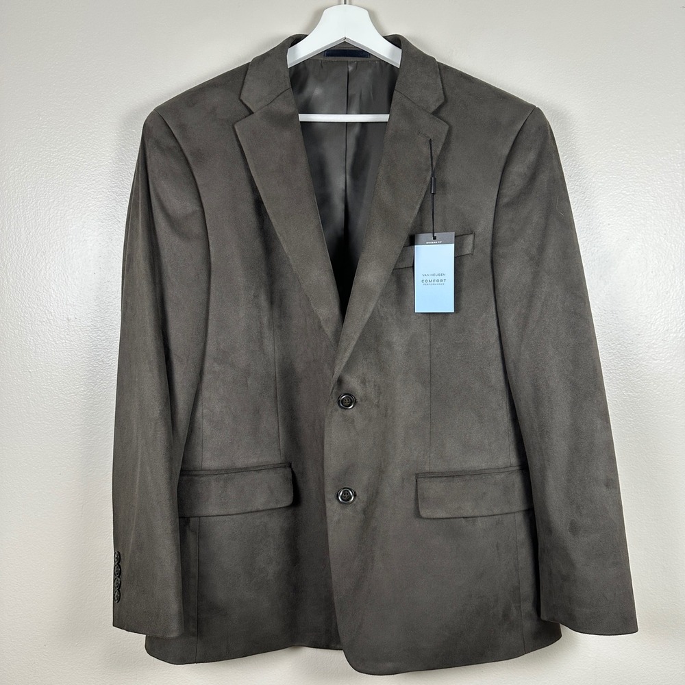 Van Heusen Men's 44R Sport Coat Dark Olive Faux Suede Comfort Performance Blazer